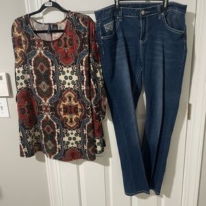 Patterned Long Sleeve Top xl and Blue Jeans Set ND Weekend sz16